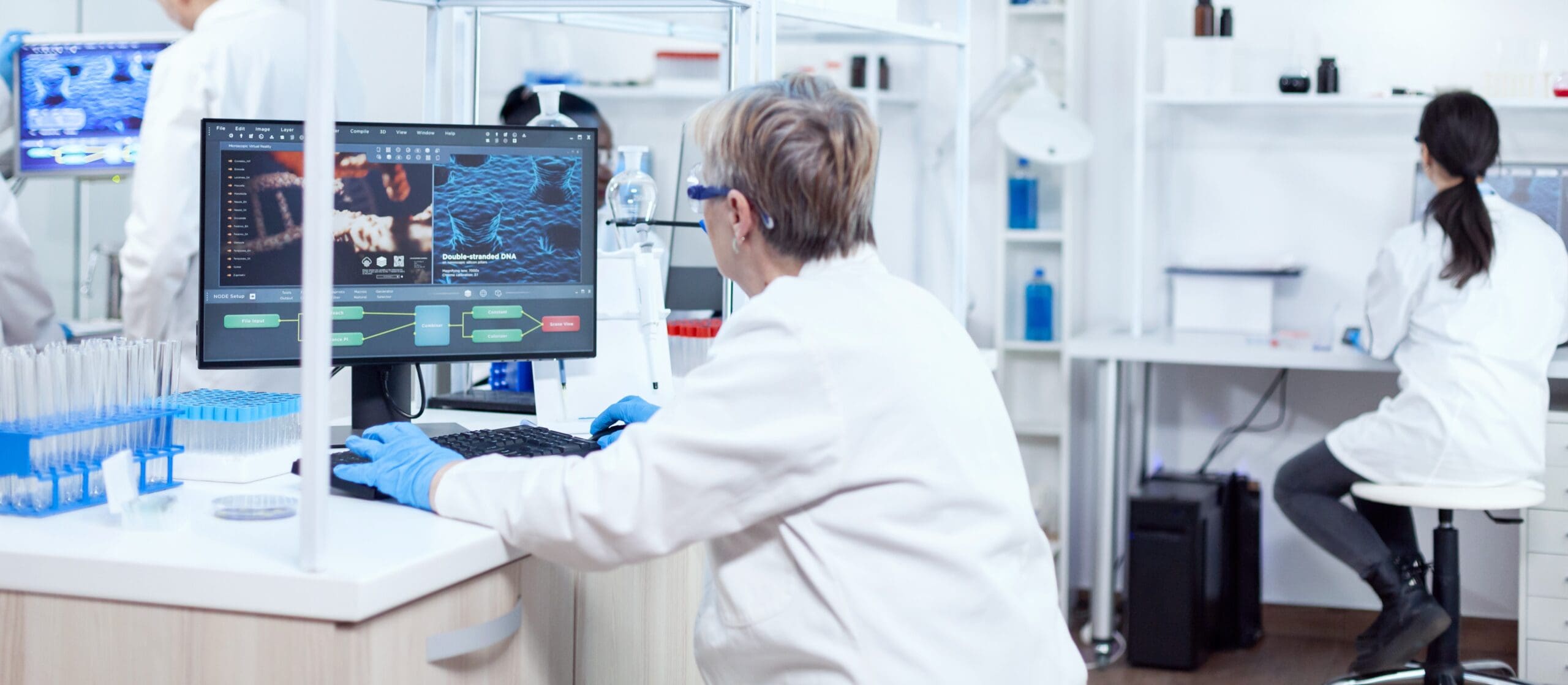 Elderly researcher working to find a cure during global pandemic