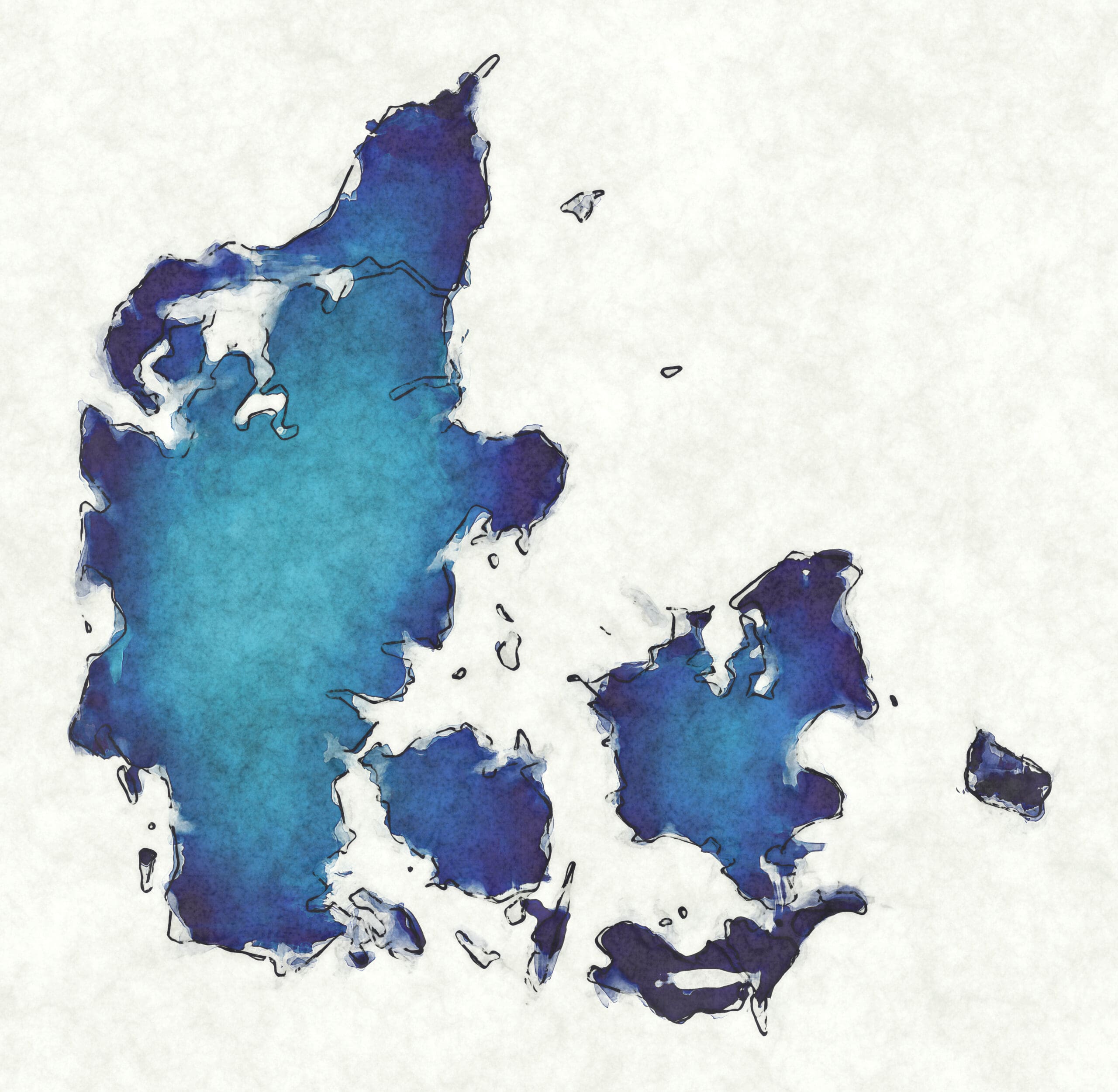 Denmark map with drawn lines and blue watercolor illustration