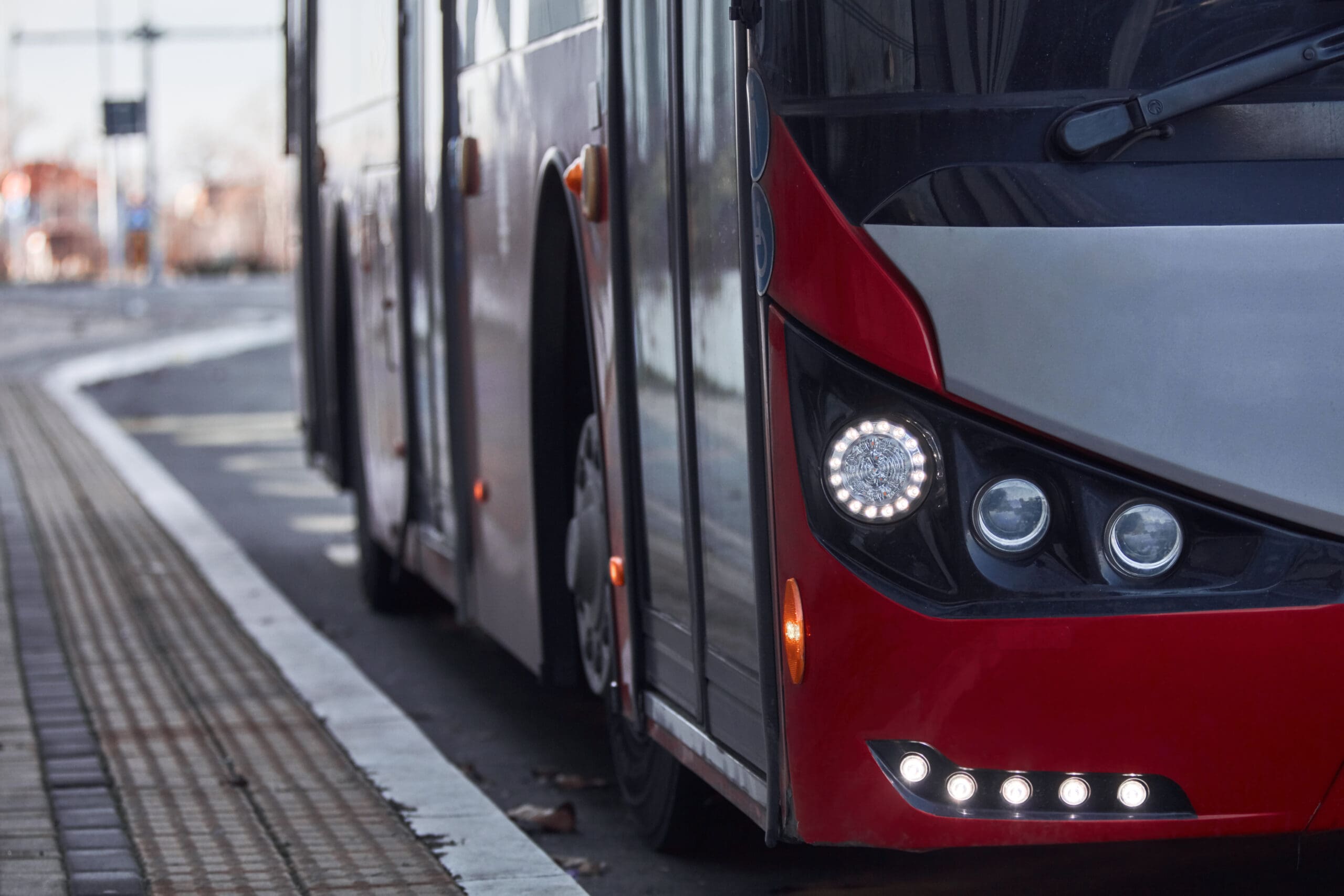 Public transportation bus in urban surroundings.
