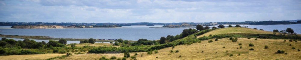 Panoramaudsigt over et dansk kystlandskab med fjord, gr&oslash;nne bakker, t&oslash;rt gr&aelig;s og spredt bevoksning under en delvist overskyet himmel. I baggrunden ses lavt liggende land p&aring; den modsatte bred.